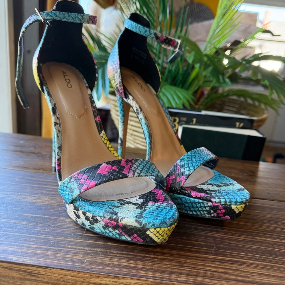 Aldo Womens Multi Color Snakeskin Embossed Stiletto Platform Ankle Strap Heels 8